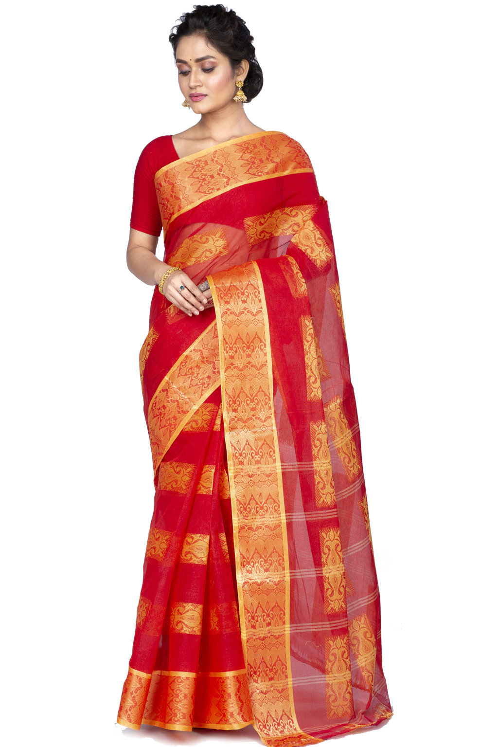 Red Pure Cotton Strip Suparna Tant Saree (165)